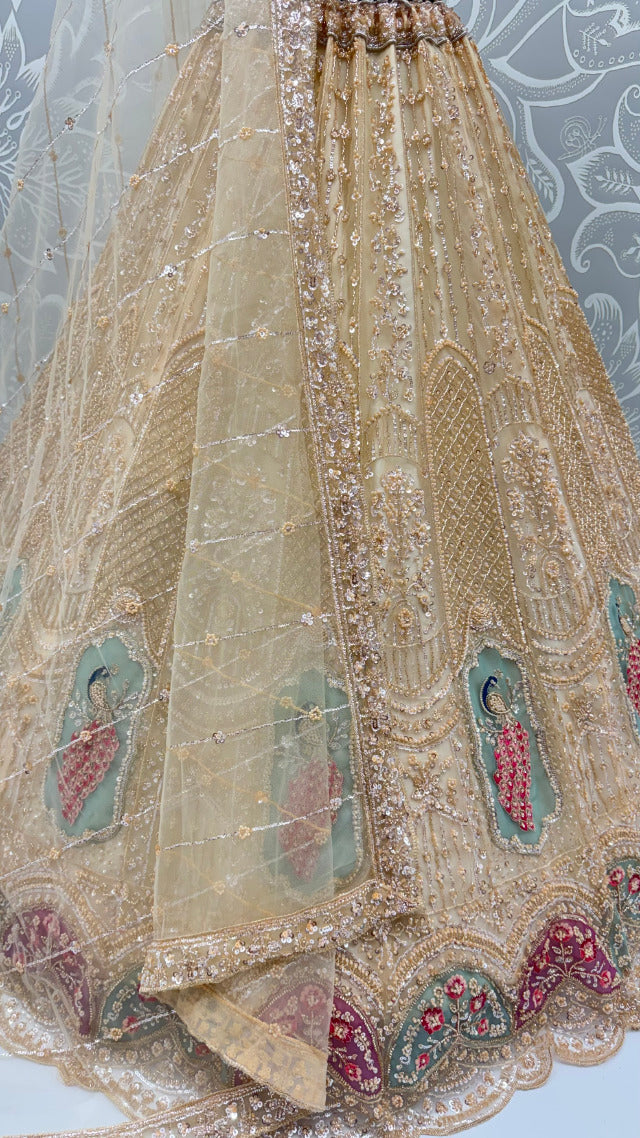 Beige Pure Heavy Net Motif Handwork Zari Sequins Work Bridal Lehenga Choli