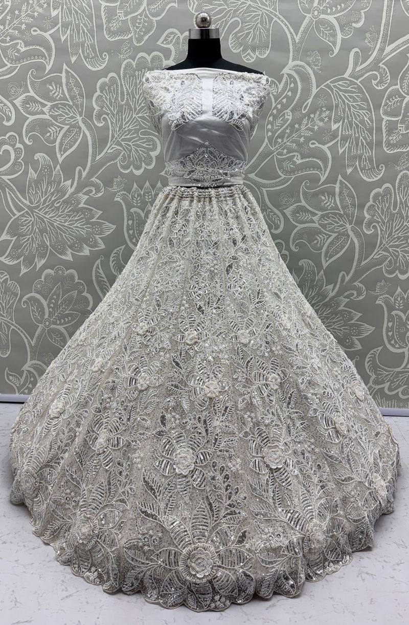 White Pure Soft Net Heavy Embroidery Work Bridal Lehenga