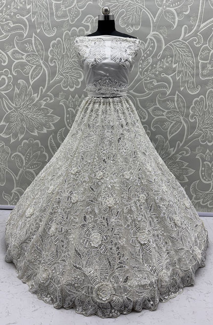 White Pure Soft Net Heavy Embroidery Work Bridal Lehenga
