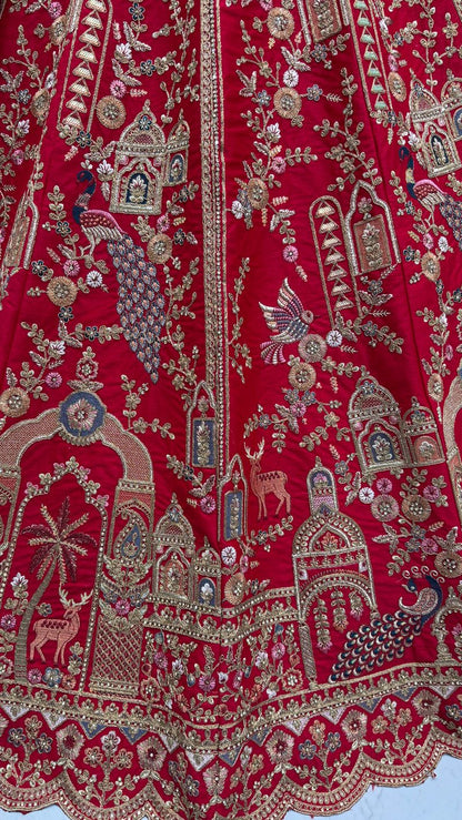 Red Pure Soft Silk Heavy Embroidery Work Bridal Lehenga 