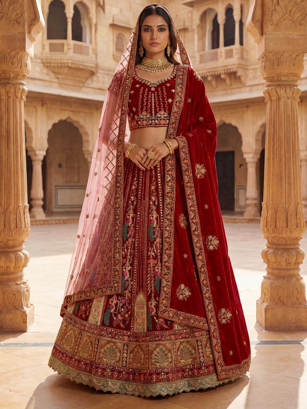 Red Pure Soft Velvet Heavy Embroidery Patch Work Bridal Lehenga