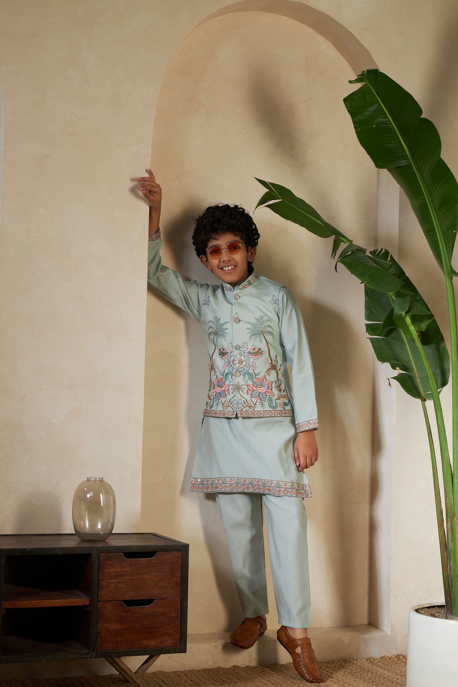 Pista Pure Viscose Silk Silk Kids Boy Kurta Pajama With Koti Jacket 