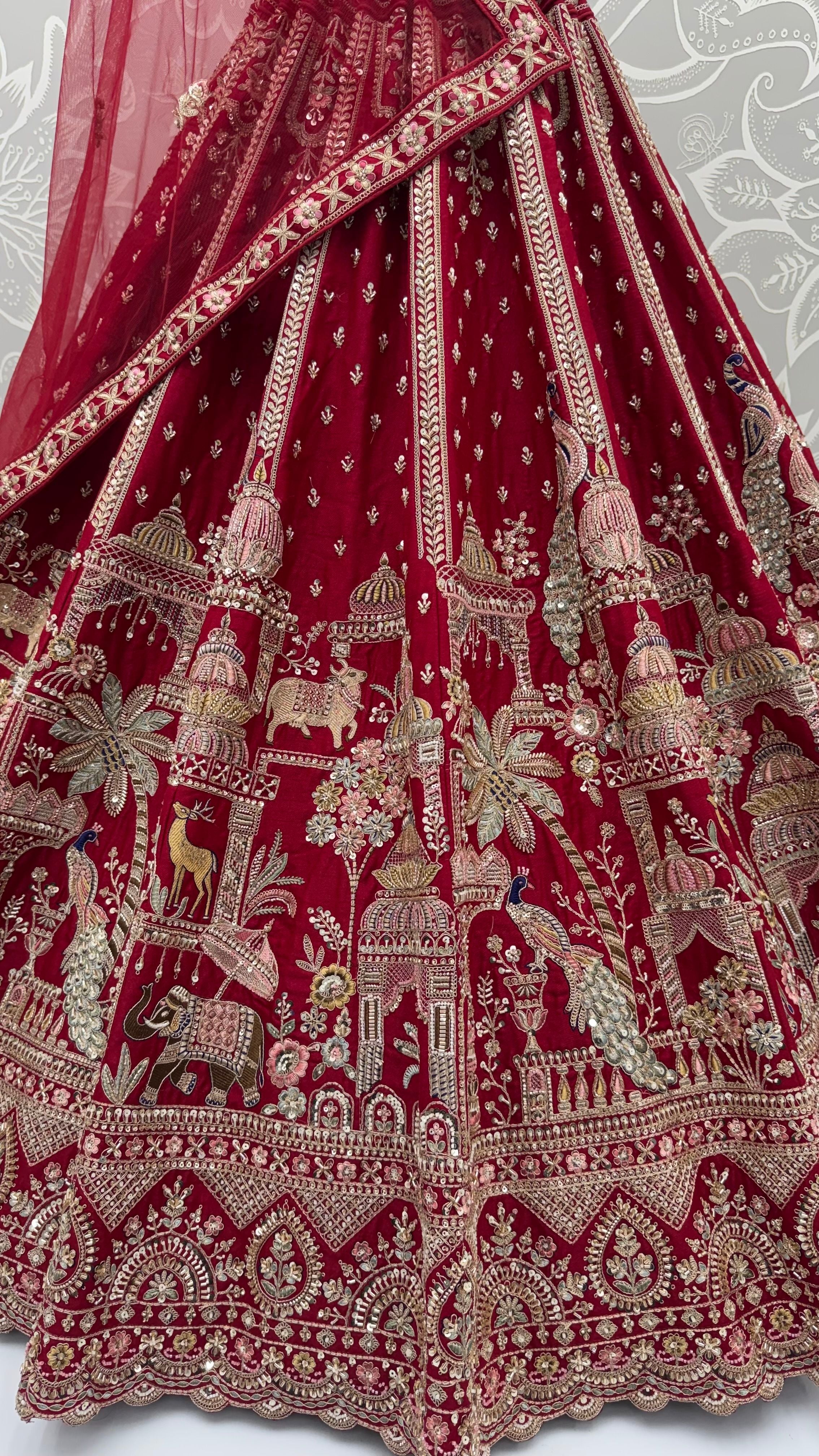 Red Pure Soft Multi Color Motif Multi thread Embroidery Sequins Work Bridal Lehenga Choli