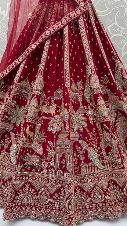 Red Pure Soft Multi Color Motif Multi thread Embroidery Sequins Work Bridal Lehenga Choli