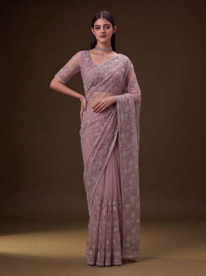 Lavender Pure Premium Net Handwork Kasti &amp; Motif Zari Metallic Sequins Work Wedding Saree