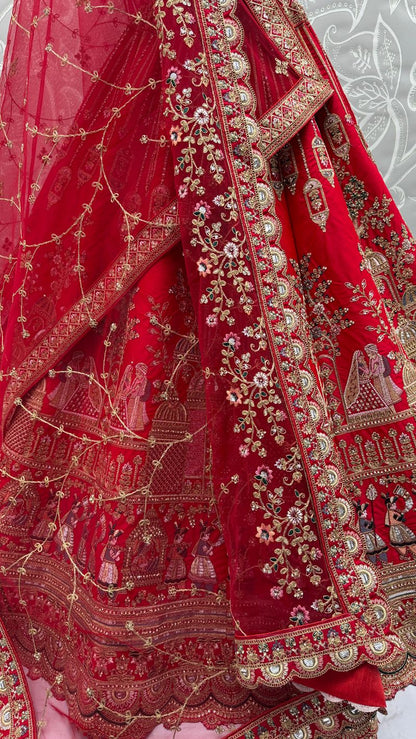 Red Pure Soft Gadwal Silk Heavy Embroidery Work Bridal Lehenga 