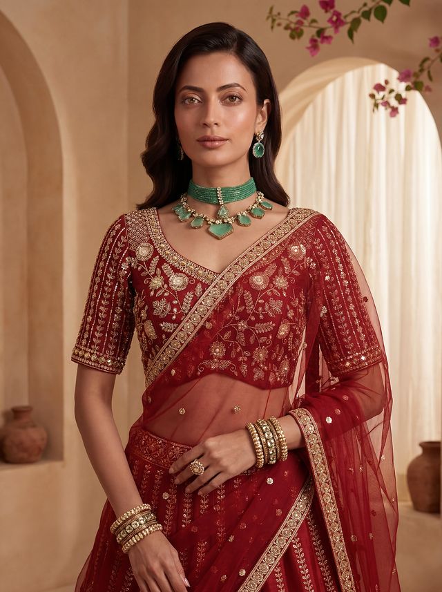 Red Pure Soft Heavy Net Sequins Embroidery Work Bridal Lehenga Choli 