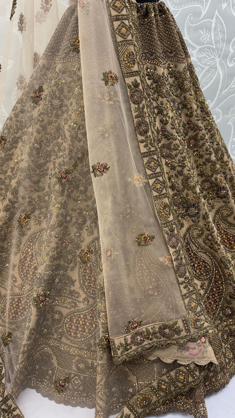 Beige Pure Soft Heavy Net Sequins Embroidery Work Bridal Lehenga 