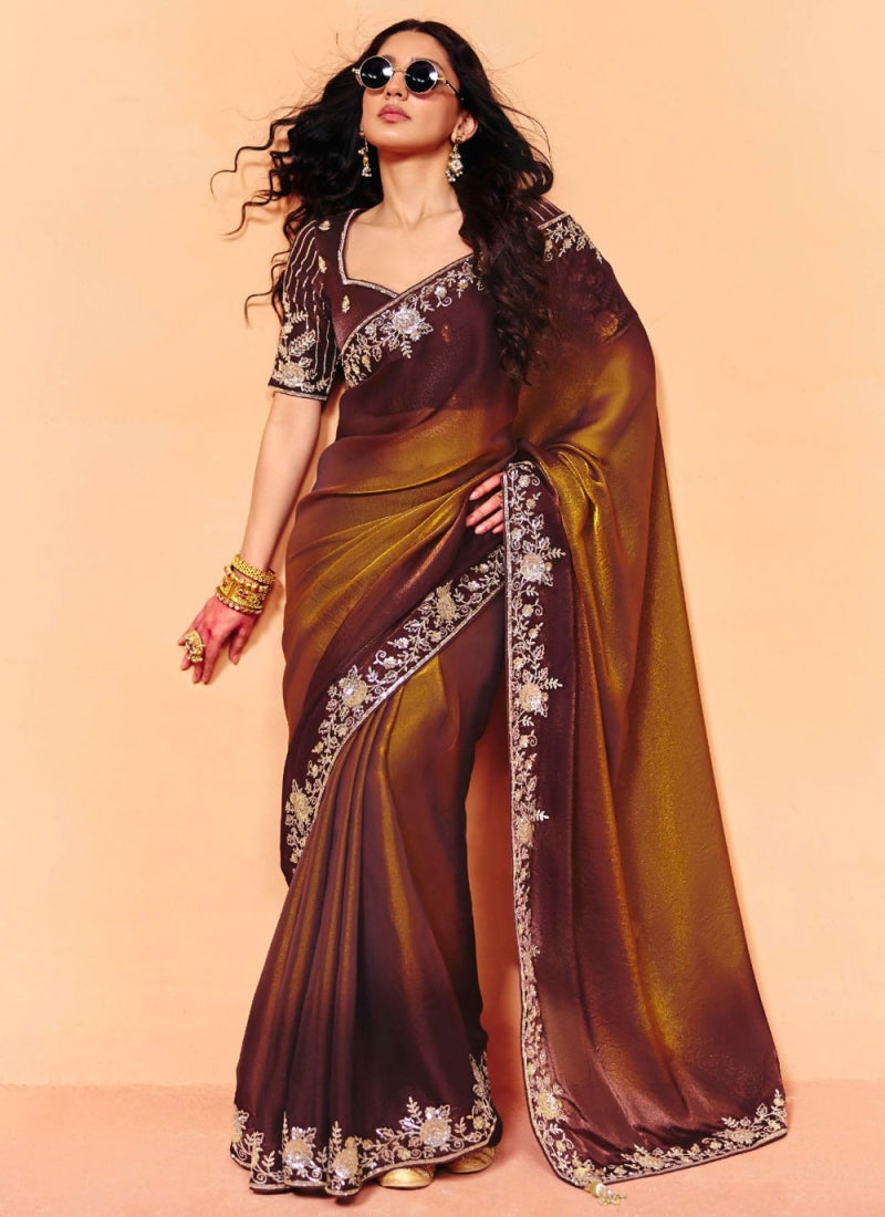 Brown Pure Organza Satin With Sequins Heavy Embroidery Work Organza Saree