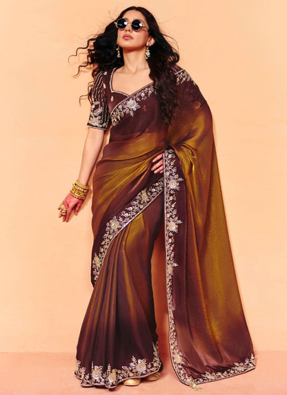 Brown Pure Organza Satin With Sequins Heavy Embroidery Work Organza Saree