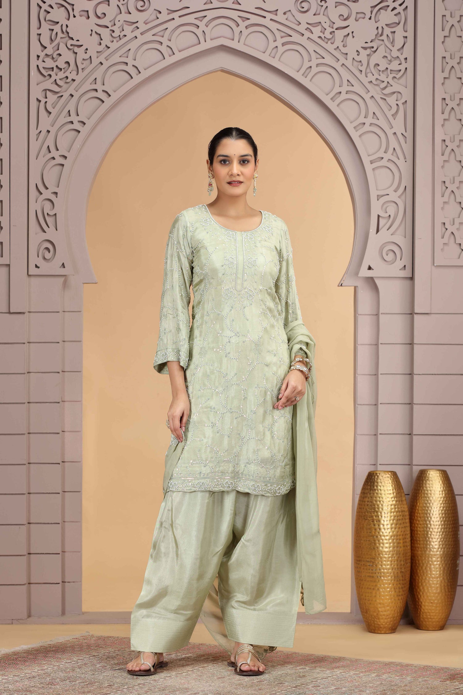 Pastel Green Satin Silk Straight Suit with Farsi Pant &amp; Dupatta Straight Suit Anant Tex Exports Pvt.Ltd..