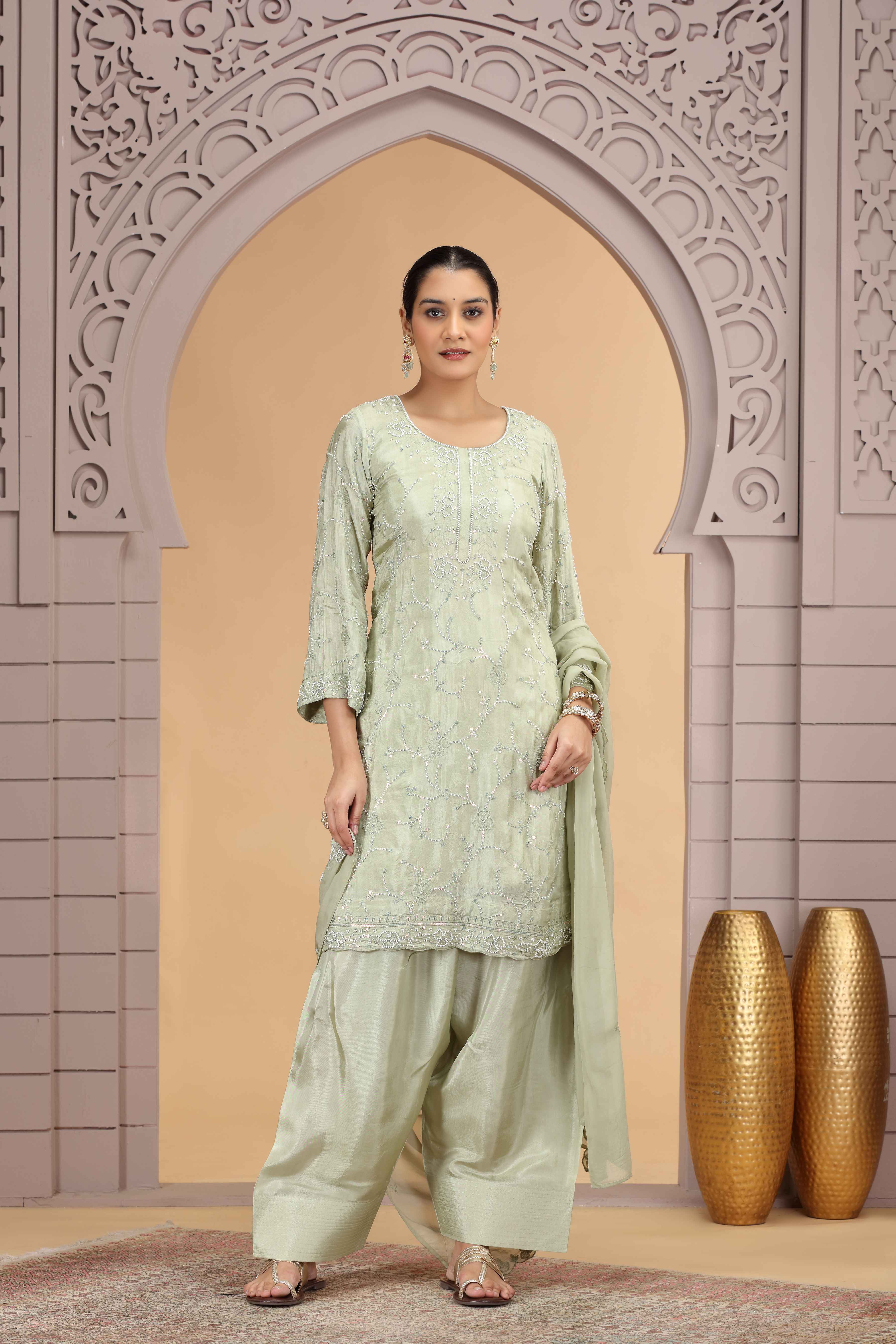 Pastel Green Satin Silk Straight Suit with Farsi Pant & Dupatta