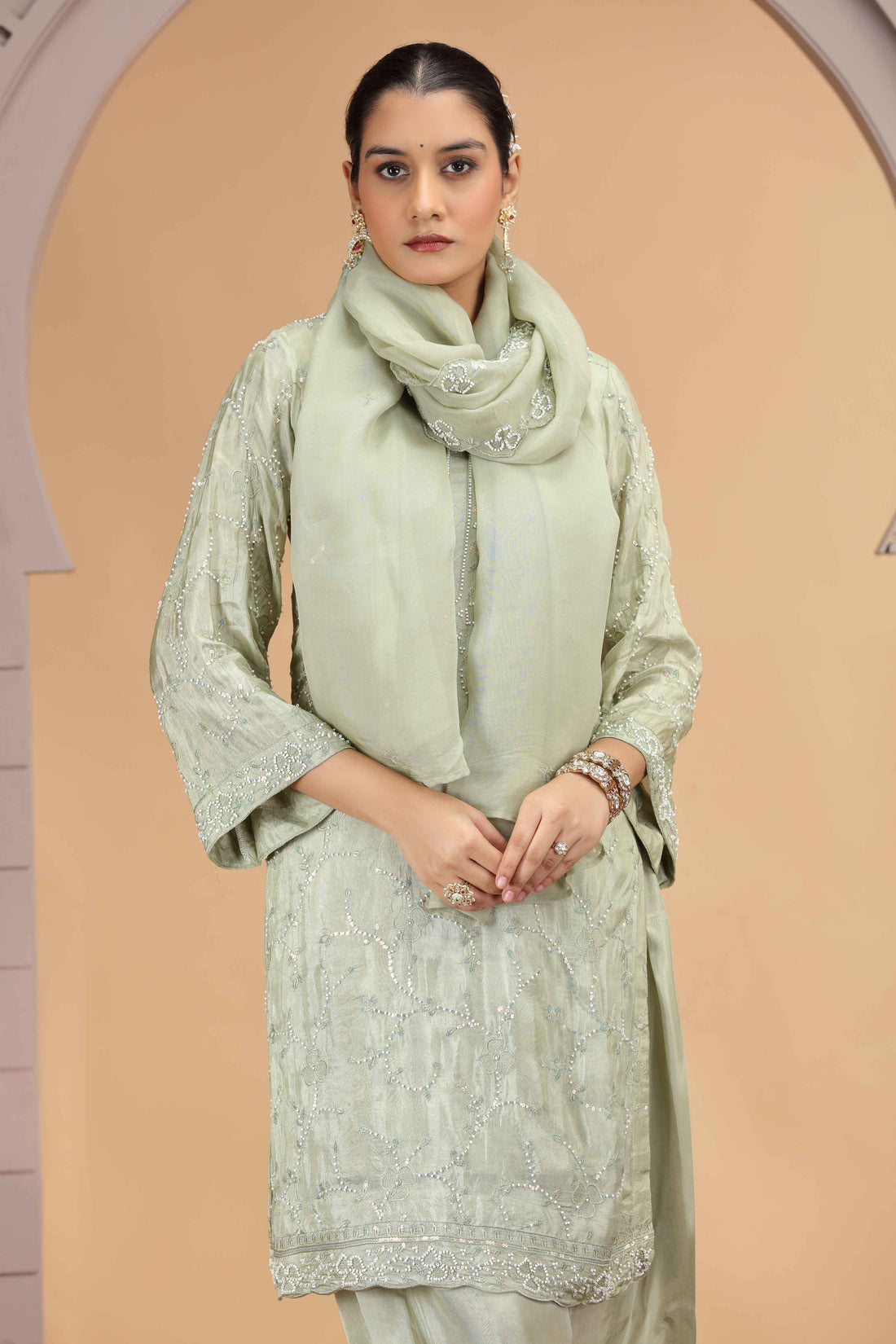 Pastel Green Satin Silk Straight Suit with Farsi Pant &amp; Dupatta Straight Suit Anant Tex Exports Pvt.Ltd..
