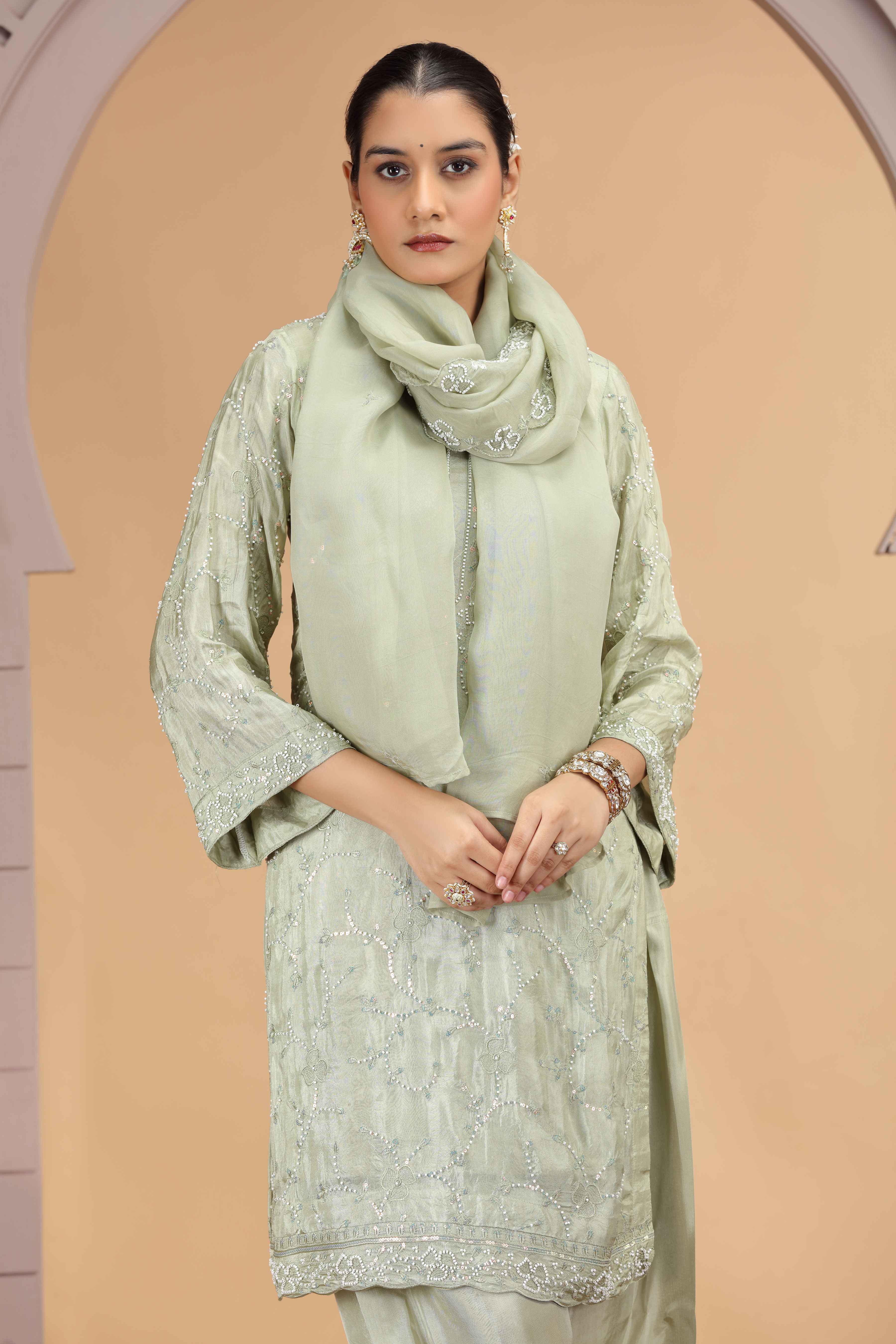 Pastel Green Satin Silk Straight Suit with Farsi Pant &amp; Dupatta Straight Suit Anant Tex Exports Pvt.Ltd..