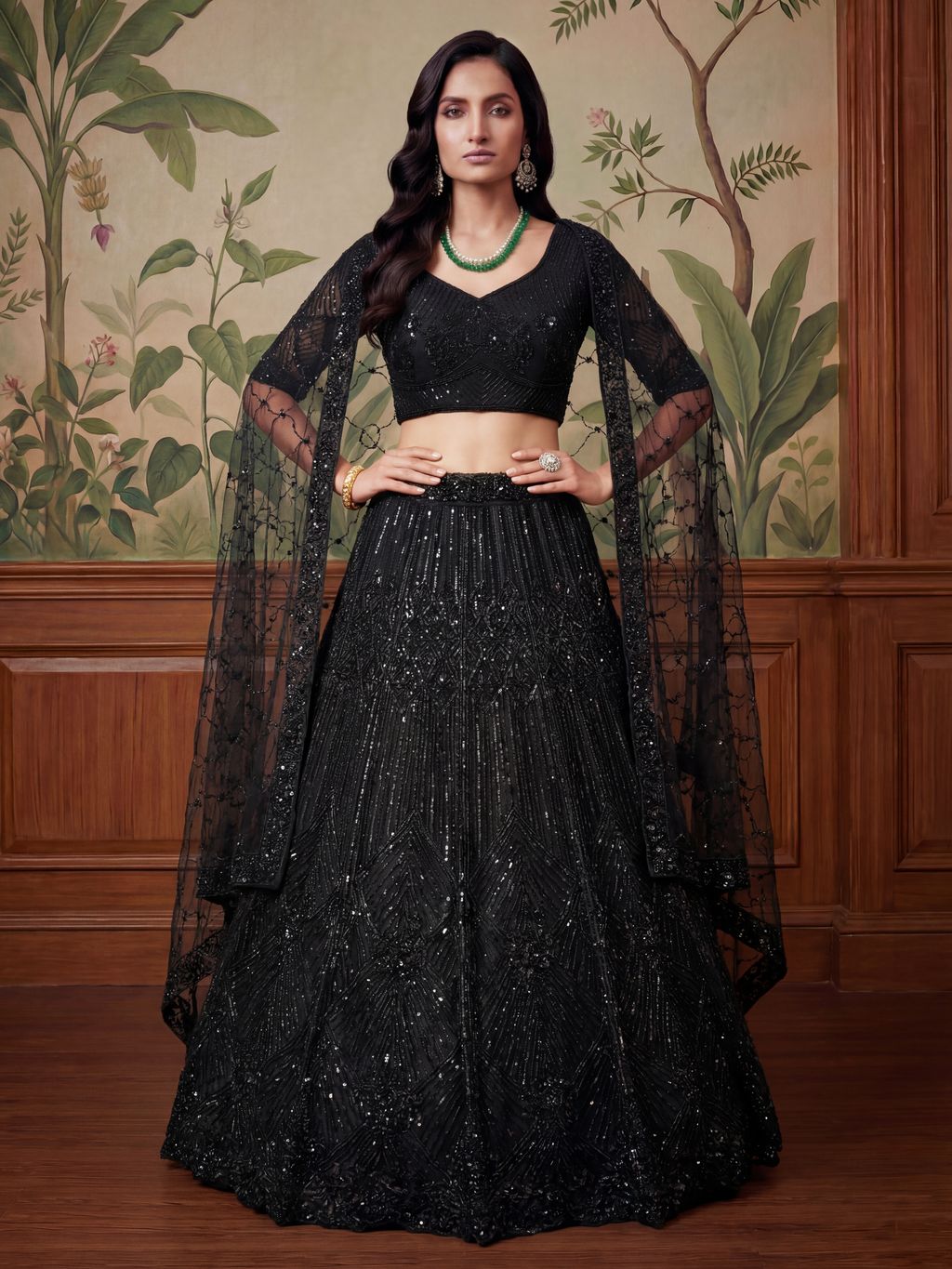 Black Pure Soft Net Heavy Embroidery Work Bridal Lehenga