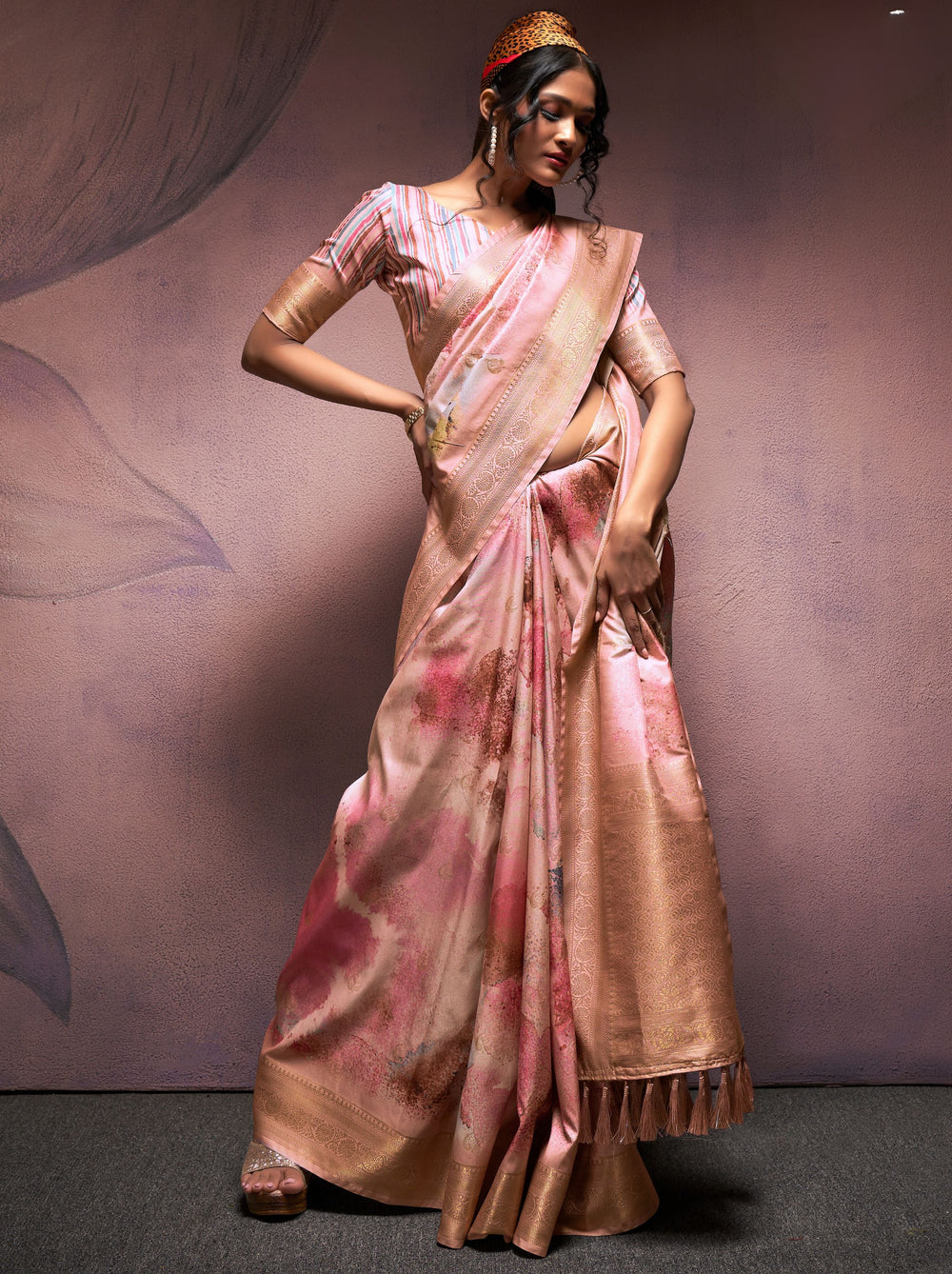 Peach Pure Banarasi Handloom Digital Printed Silk Saree 
