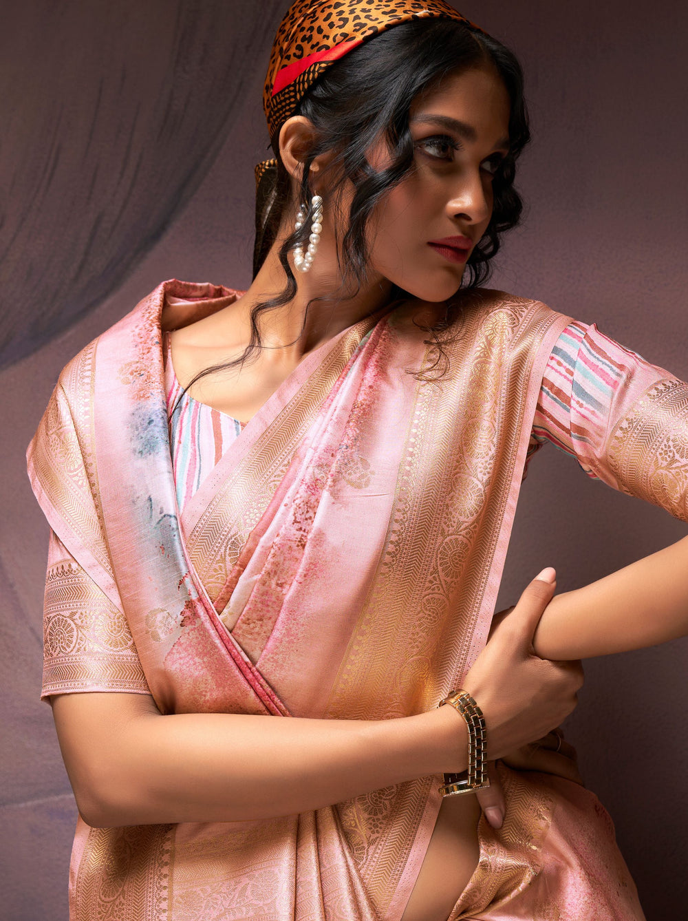 Peach Pure Banarasi Handloom Digital Printed Silk Saree 