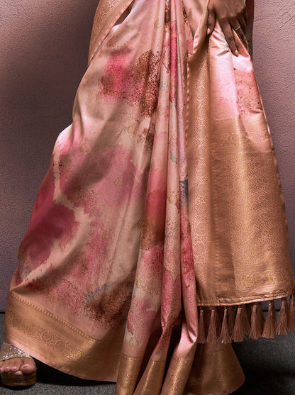 Peach Pure Banarasi Handloom Digital Printed Silk Saree 