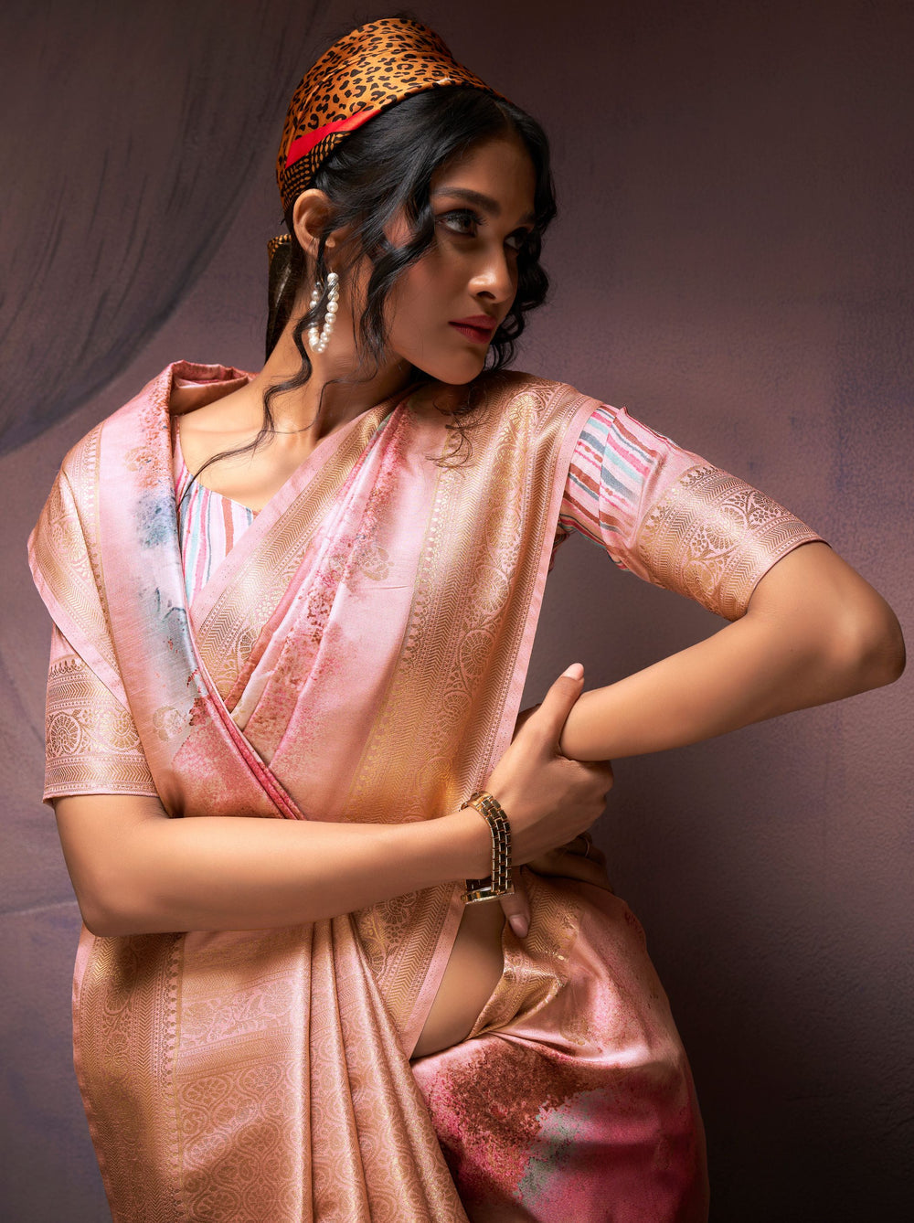 Peach Pure Banarasi Handloom Digital Printed Silk Saree 