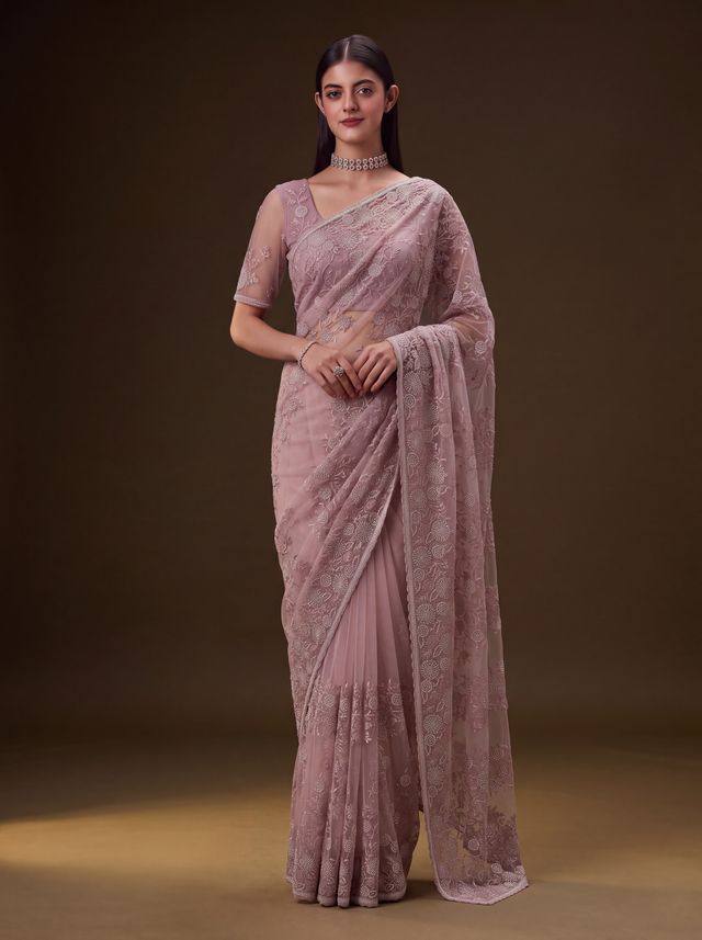 Lavender Pure Premium Net Handwork Kasti &amp; Motif Zari Metallic Sequins Work Wedding Saree