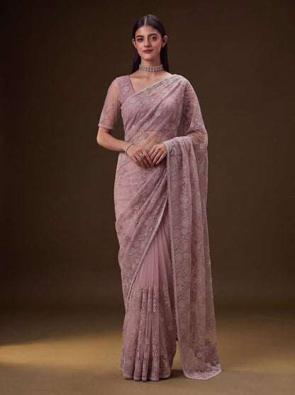 Lavender Pure Premium Net Handwork Kasti &amp; Motif Zari Metallic Sequins Work Wedding Saree