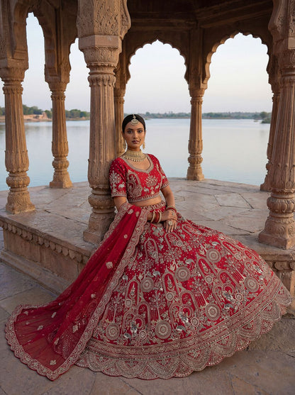 Red Pure Soft Silk Heavy Embroidery Work Bridal Lehenga 