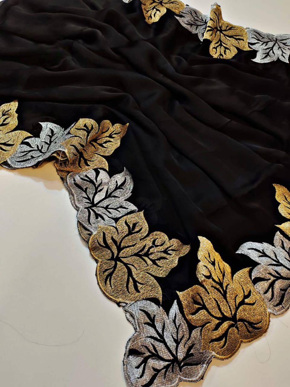 Black Pure Soft Vichitra silk With Multi Thread Sequins Saree