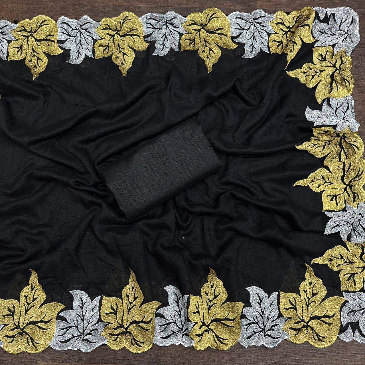 Black Pure Soft Vichitra silk With Multi Thread Sequins Saree