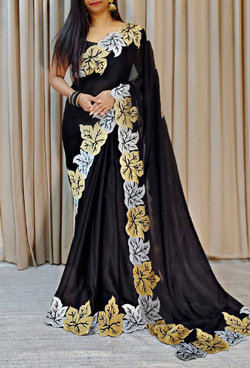 Black Pure Soft Vichitra silk With Multi Thread Sequins Saree
