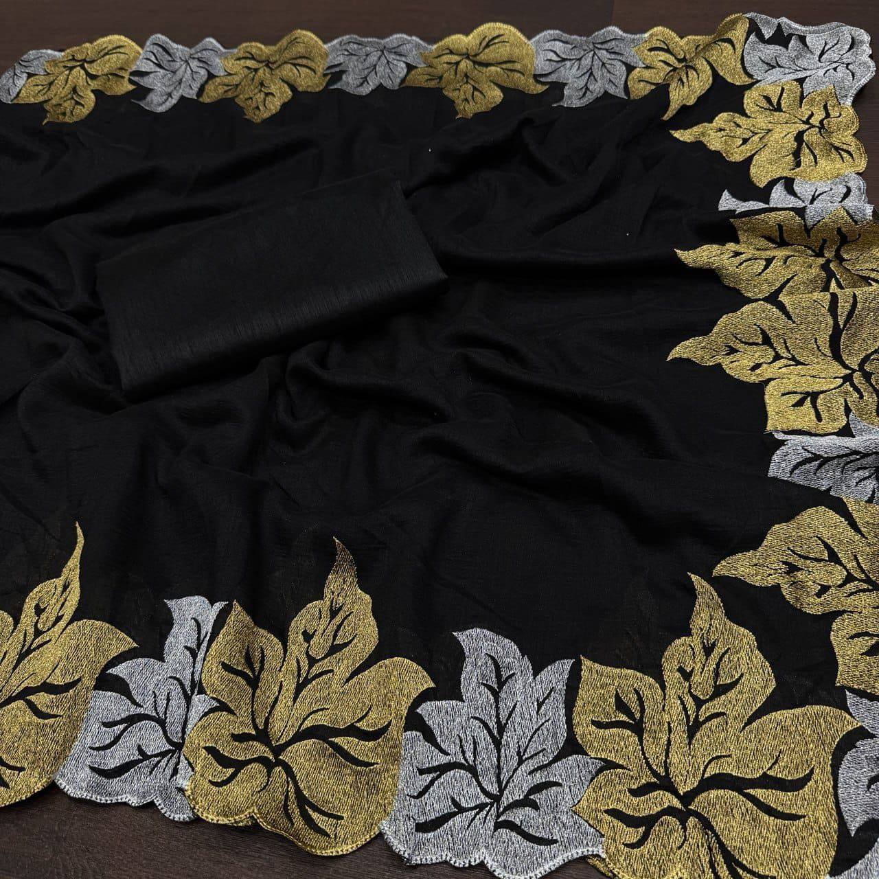 Black Pure Soft Vichitra silk With Multi Thread Sequins Saree