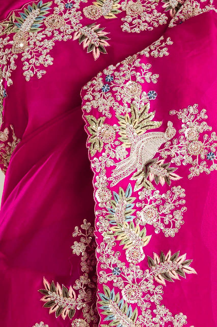 Close up of Rani Pink Jimmy Choo Saree