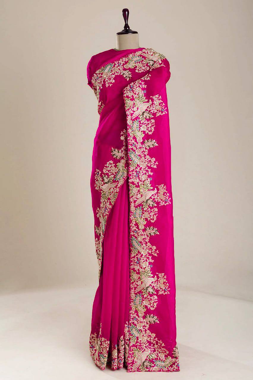 Full View of Rani Pink Pure Soft Jimmy Choo Saree