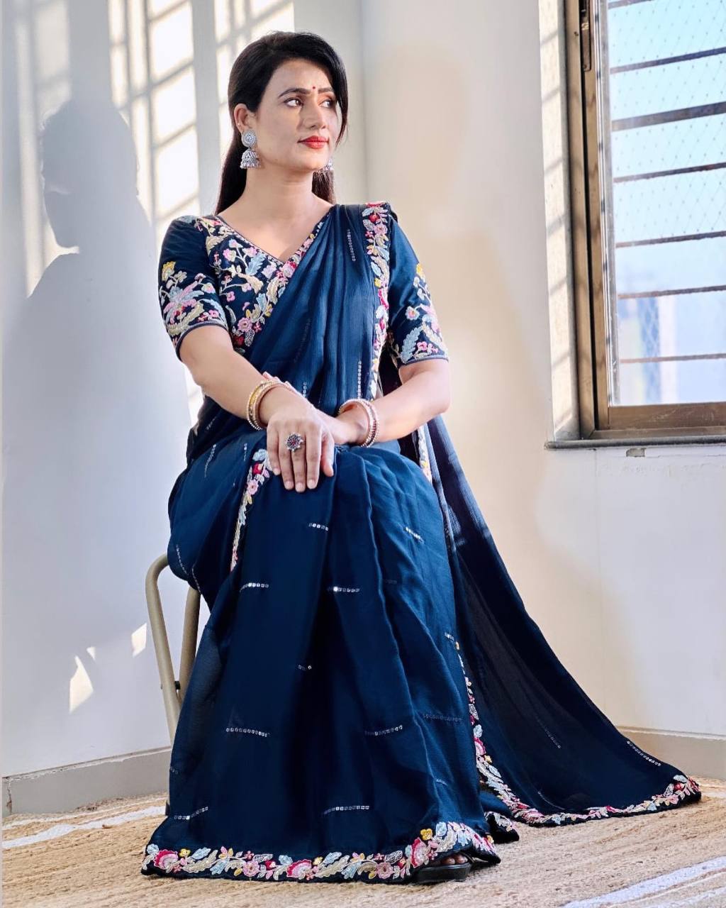 Blue Pure Soft Premium Chiffon With Sequins Chiffon Saree