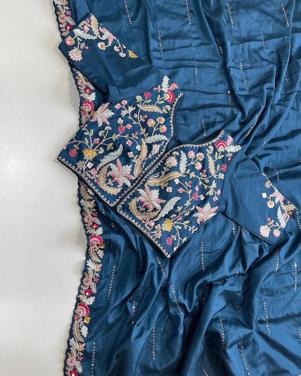 Blue Pure Soft Premium Chiffon With Sequins Chiffon Saree