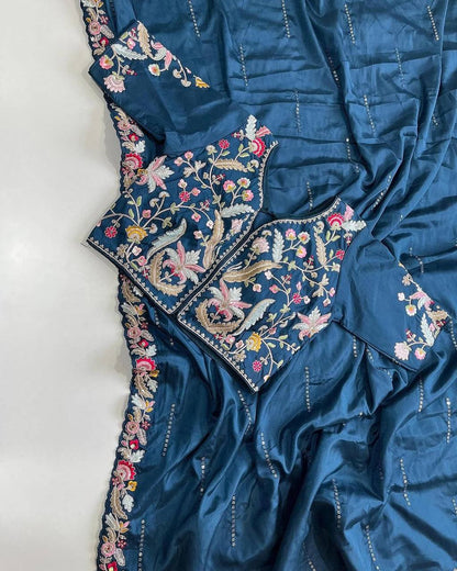 Blue Pure Soft Premium Chiffon With Sequins Chiffon Saree