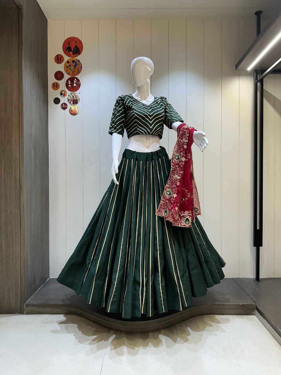 Dark Green Cotton Silk Chaniya Choli with 10 Meter Flare
