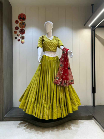 Lime Green Cotton Silk Chaniya Choli with 10 Meter Flare