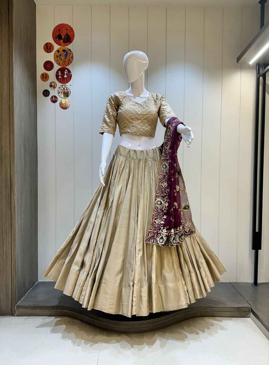Cream Gold Cotton Silk Chaniya Choli with Royal 10 Meter Flare
