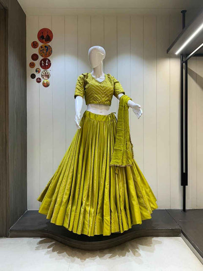 Lime Green Cotton Silk Chaniya Choli with 10 Meter Flare