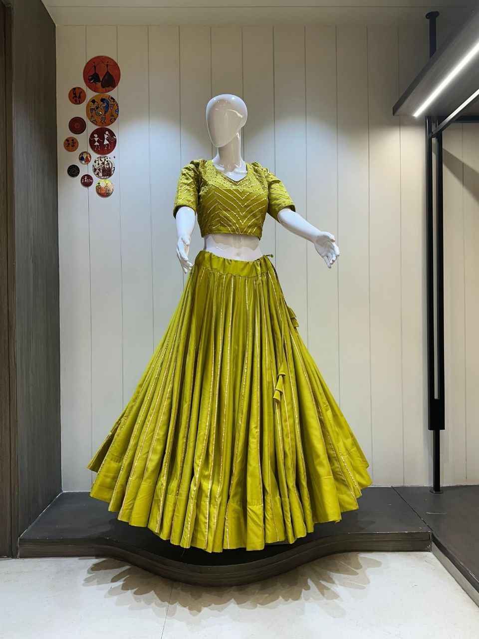 Lime Green Cotton Silk Chaniya Choli with 10 Meter Flare