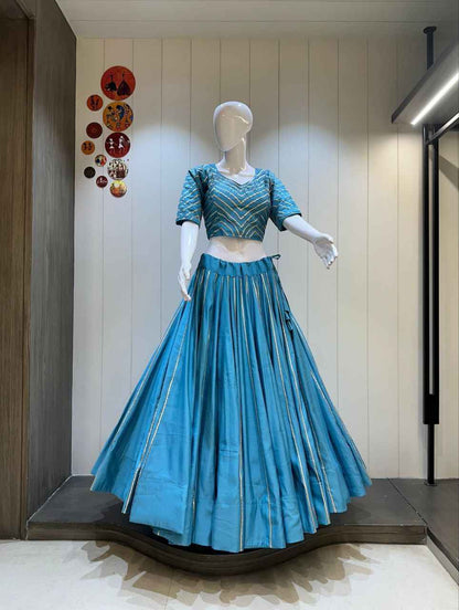 Sky Blue Cotton Silk Chaniya Choli with Heavy Flare