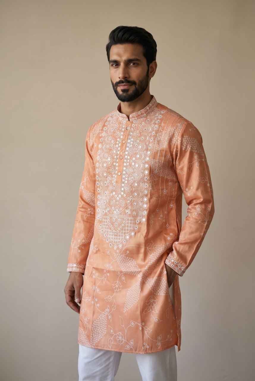 Orange Pure  Simmer Silk Embroidery Sequence Work With Printed Kurta Pajama
