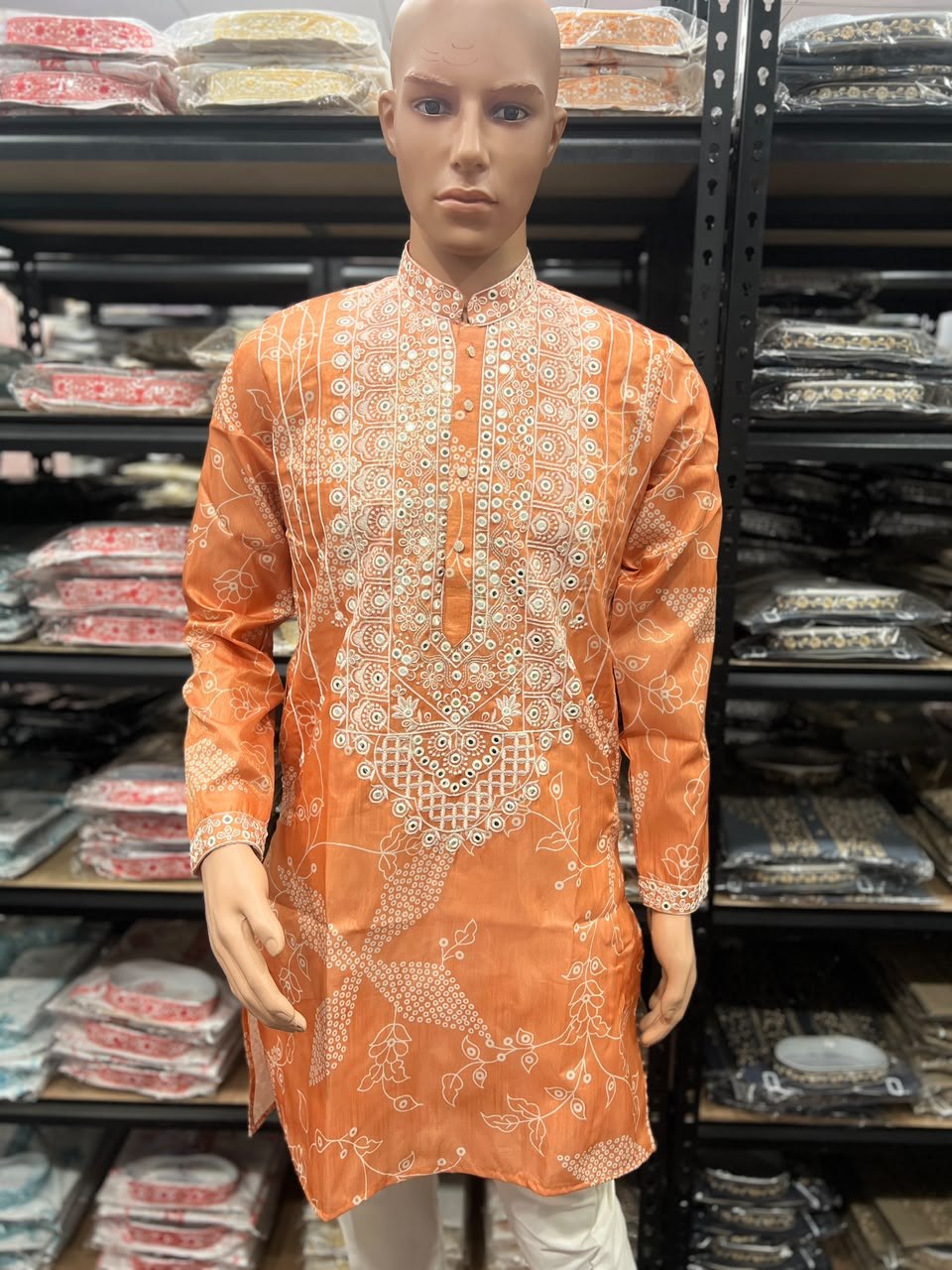 Orange Pure  Simmer Silk Embroidery Sequence Work With Printed Kurta Pajama