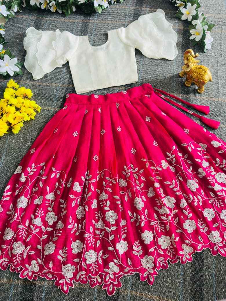 Cream Kids Kota Checks Floral Embroidered Lehenga Choli
