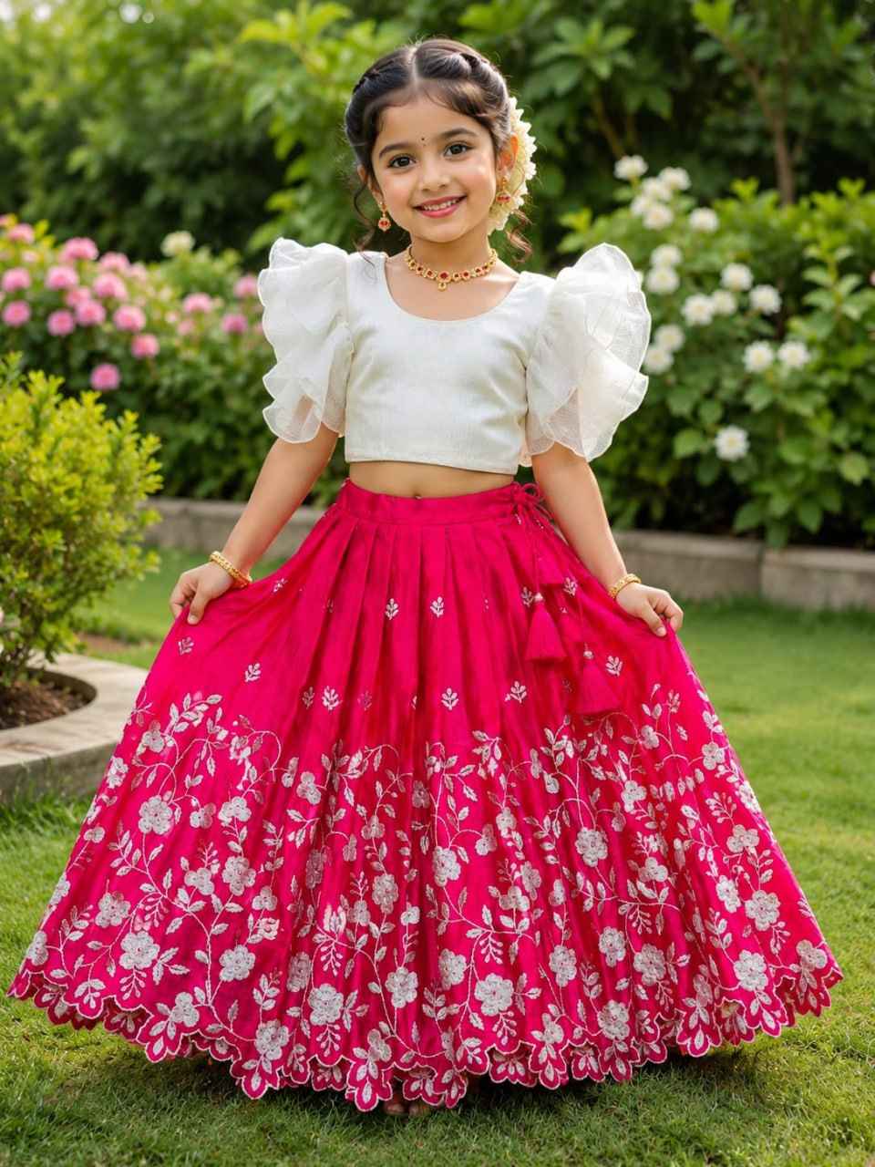 Cream Kids Kota Checks Floral Embroidered Lehenga Choli