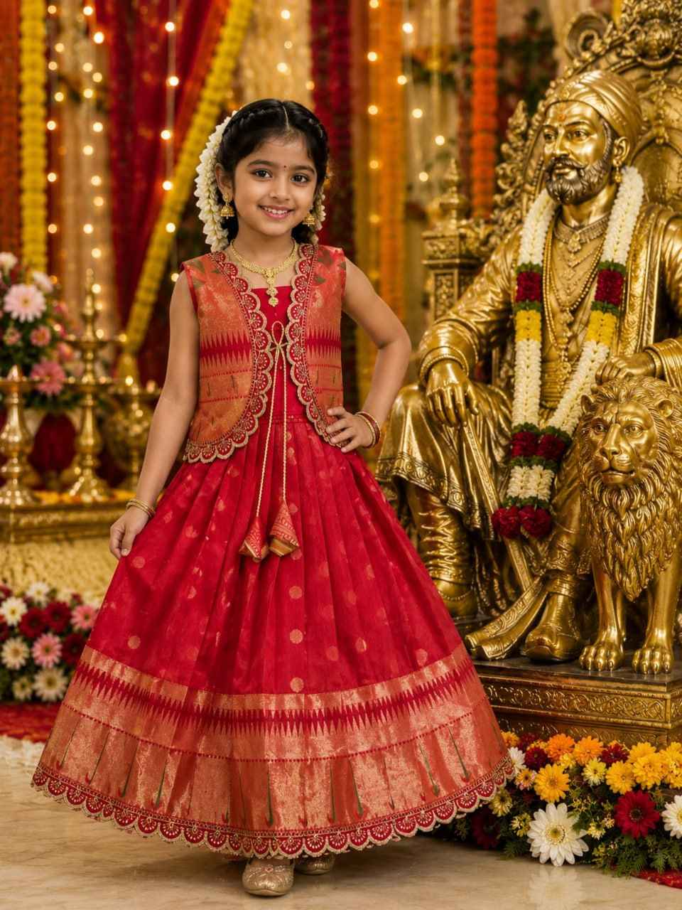 Red Paithani Silk Girls Gown with Designer Jacket