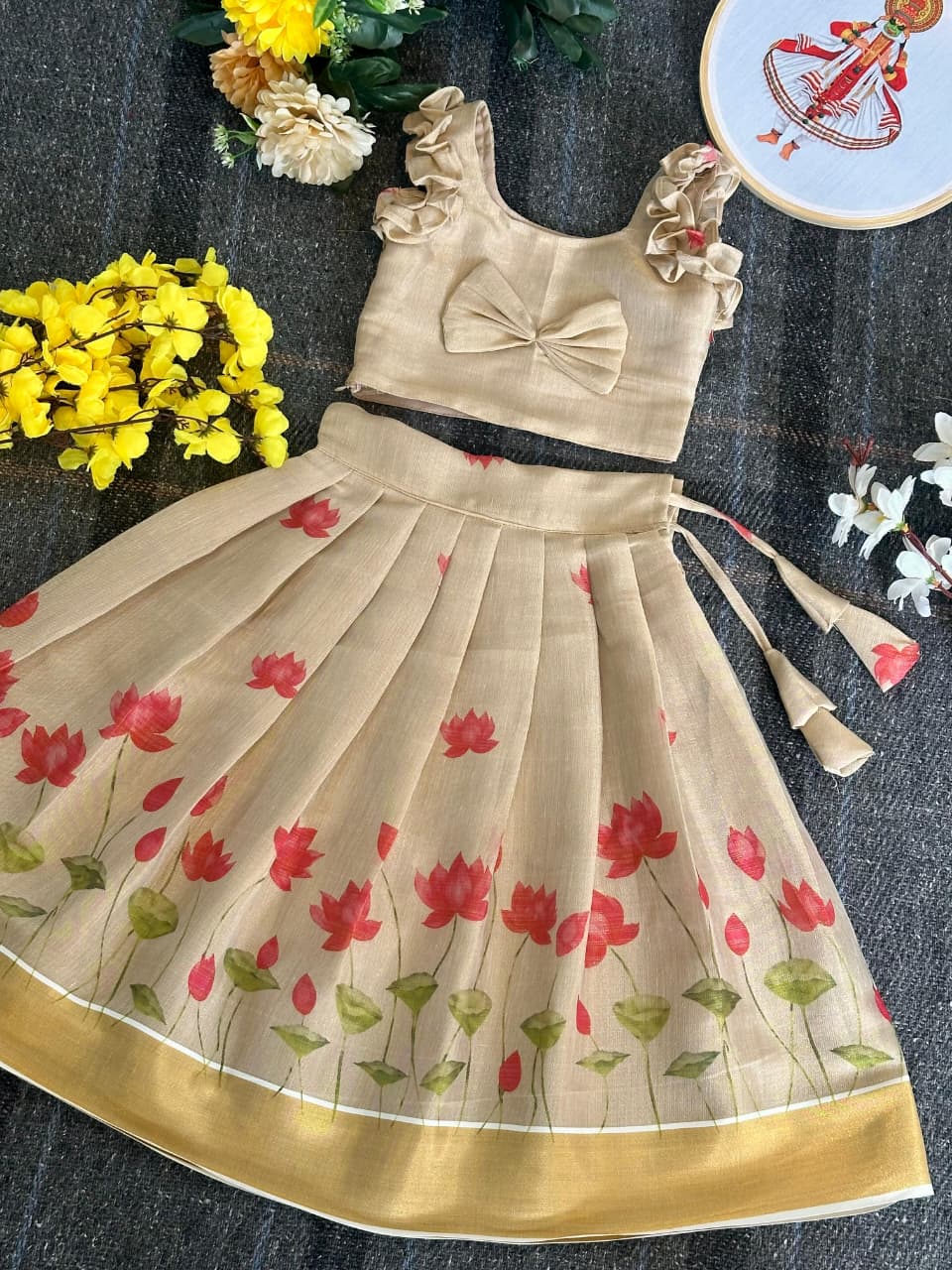 Beige Lotus Print Tissue Silk Kids Lehenga Choli