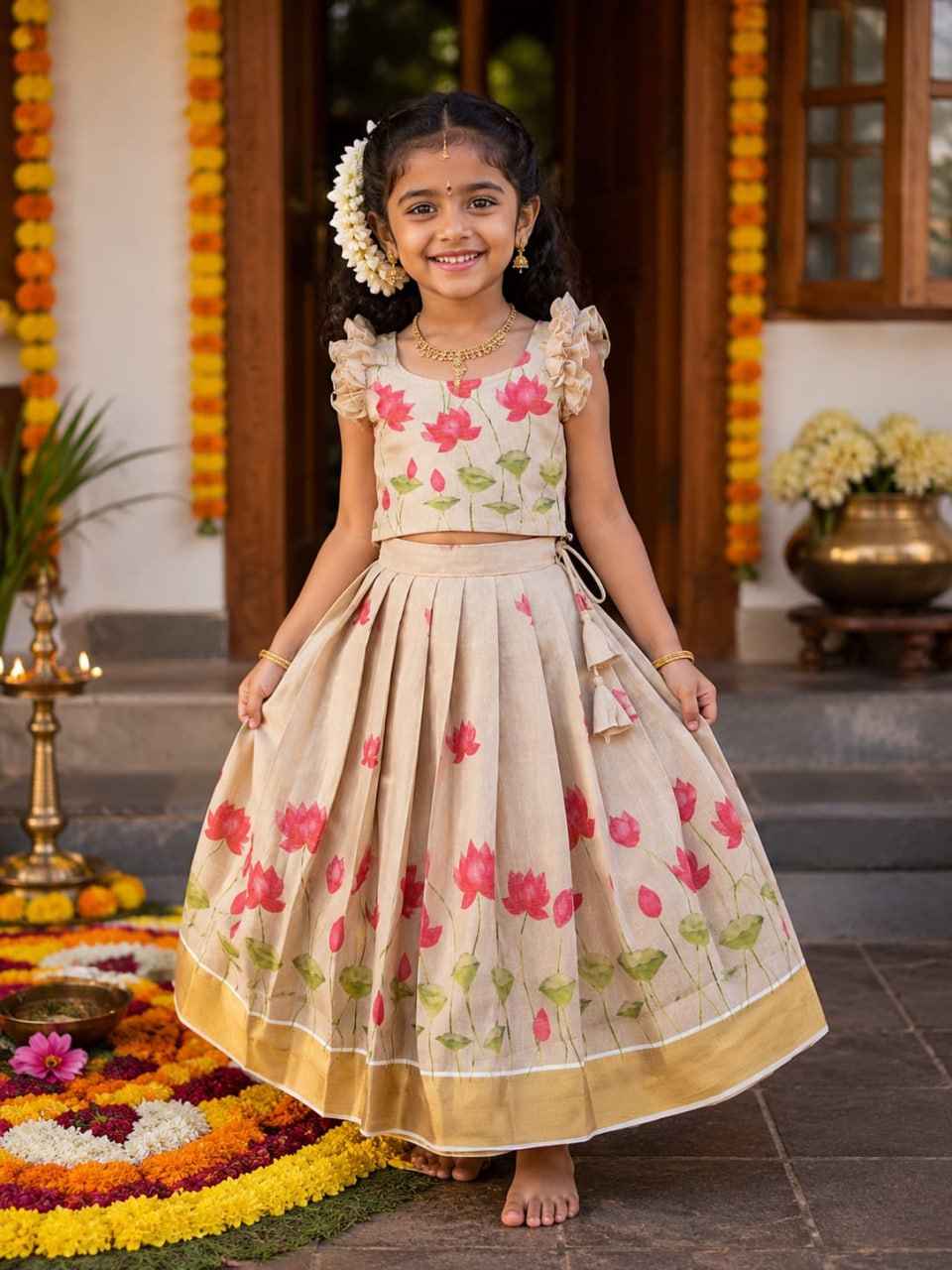 Beige Lotus Print Tissue Silk Kids Lehenga Choli
