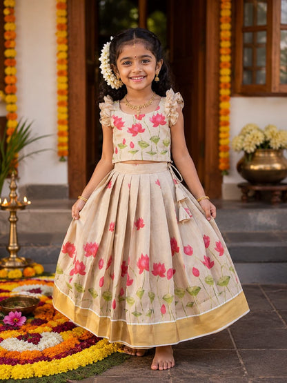 Beige Lotus Print Tissue Silk Kids Lehenga Choli