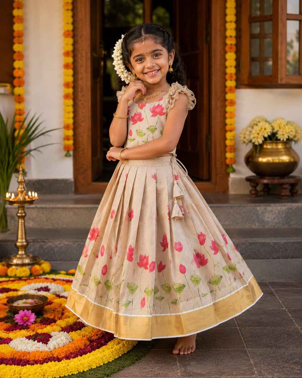 Beige Lotus Print Tissue Silk Kids Lehenga Choli